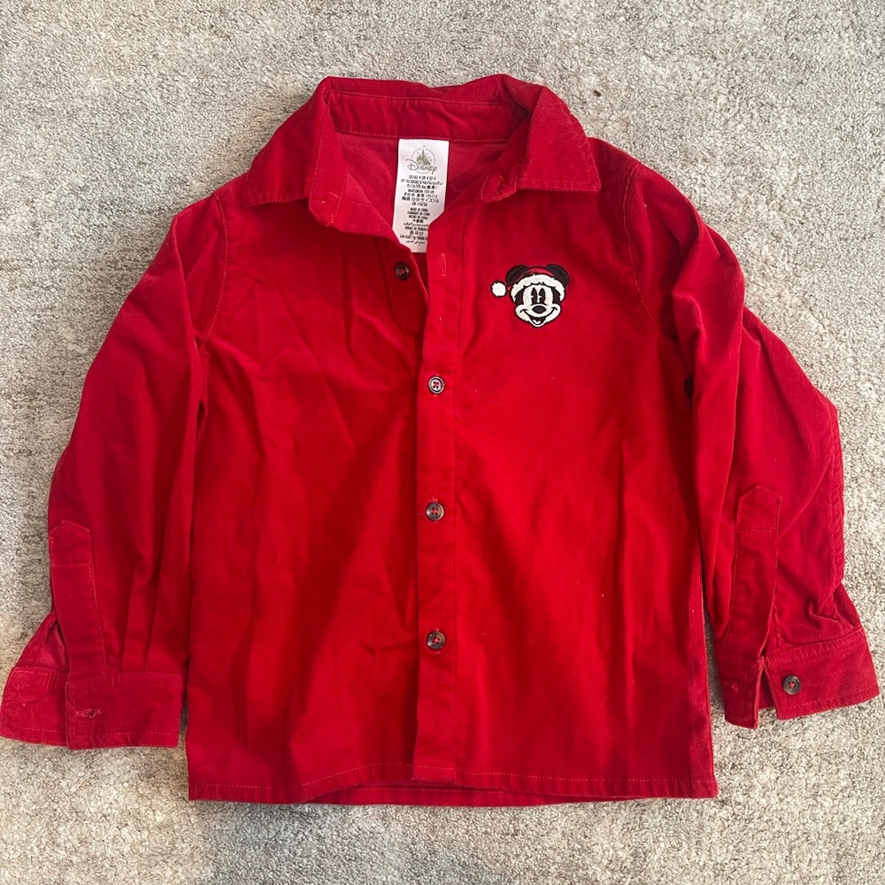 Disney Red Button Down Shirt with Embroidered Santa Hat Mickey